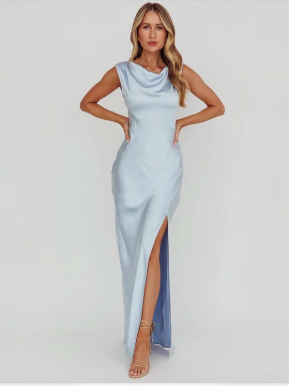 Pastel Light Sky Blue Satin Asymmetrical Back Cowl Neck Maxi Dress